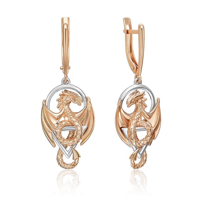 Серьги подвесные из комбинированного золота