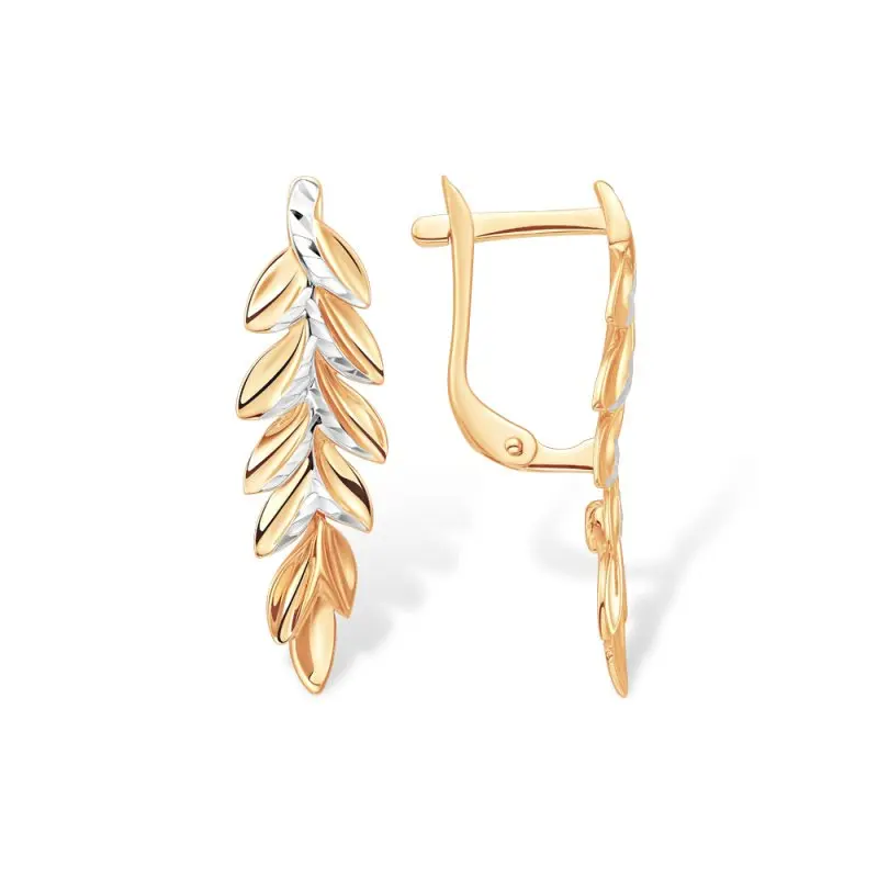 Серьги подвесные из комбинированного золота