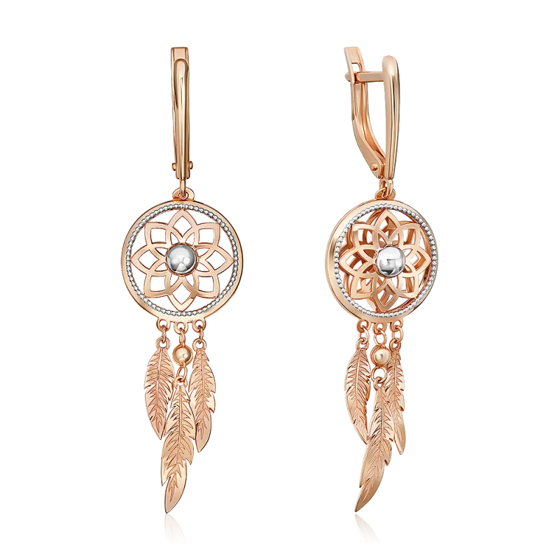 Серьги подвесные из комбинированного золота