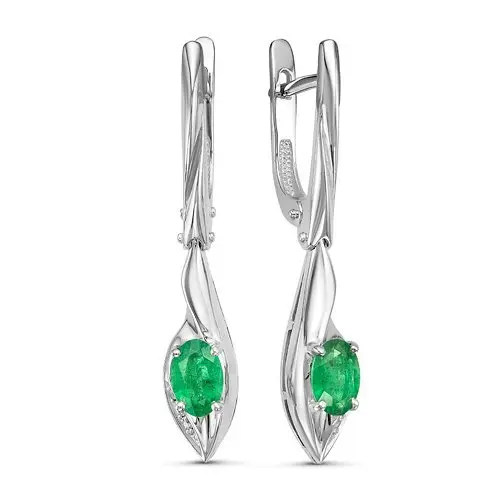 Серьги подвесные из белого золота с изумрудами