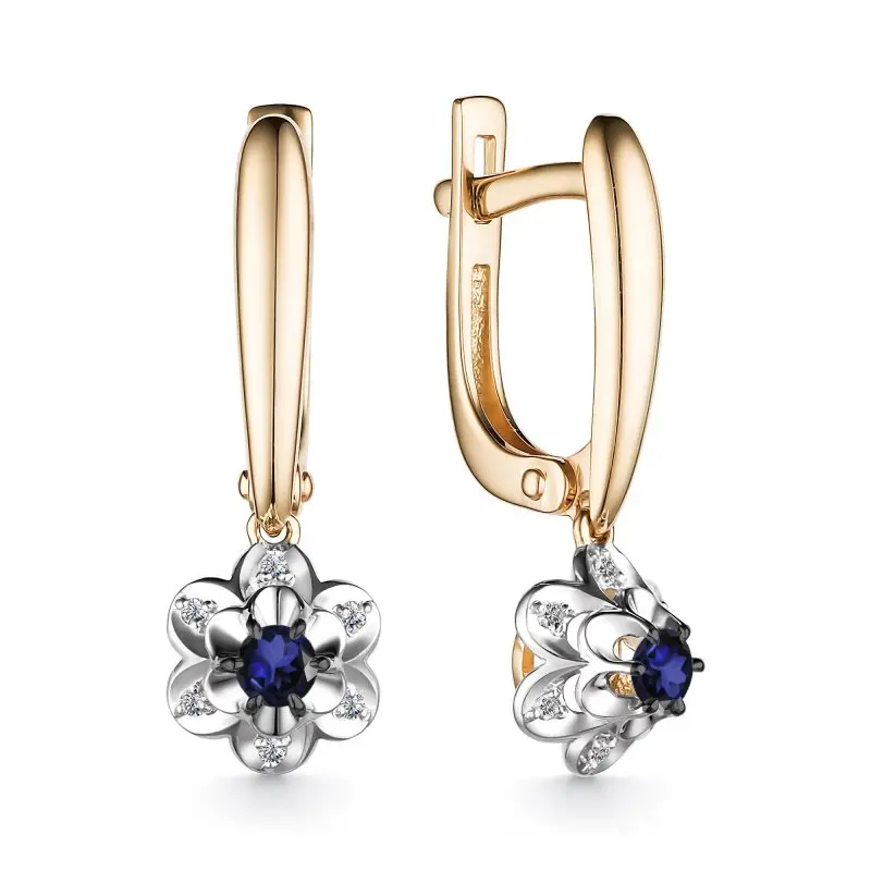 Серьги подвесные из комбинированного золота