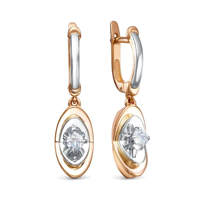 Серьги подвесные из комбинированного золота