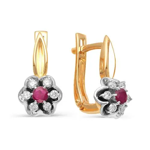 Серьги с английским замком из комбинированного золота с рубинами