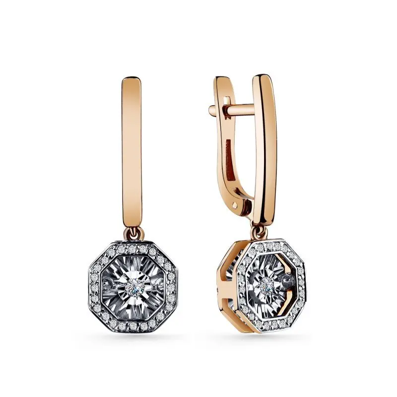 Серьги подвесные из комбинированного золота