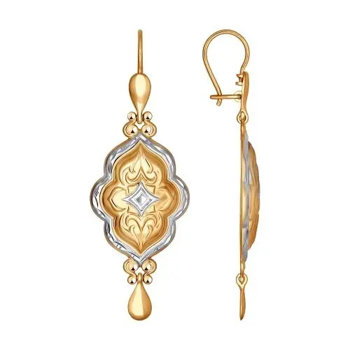 Серьги подвесные из комбинированного золота
