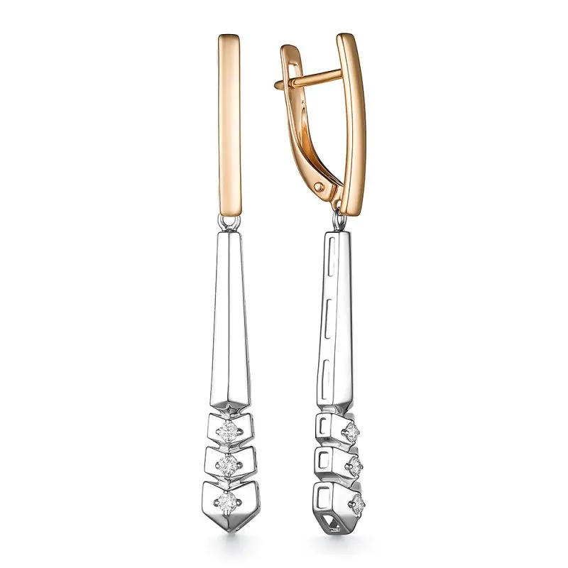 Серьги подвесные из комбинированного золота