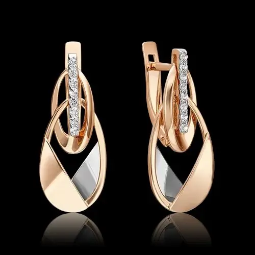 Серьги подвесные из комбинированного золота