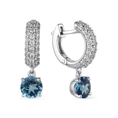 Серьги подвесные из серебра с топазами London bluе