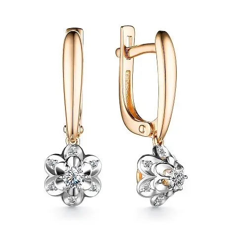 Серьги подвесные из комбинированного золота