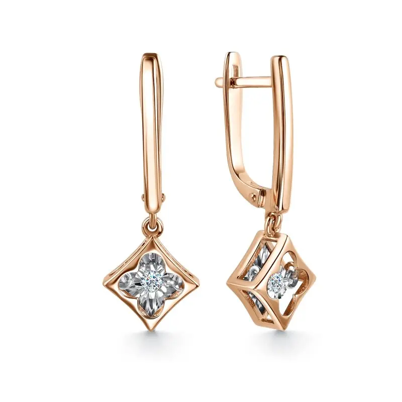 Серьги подвесные из комбинированного золота