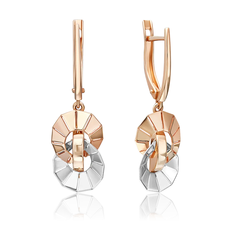 Серьги подвесные из комбинированного золота