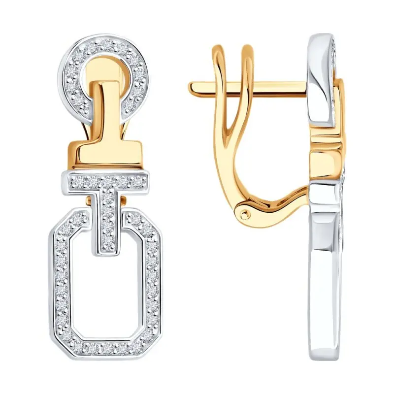 Серьги подвесные из комбинированного золота