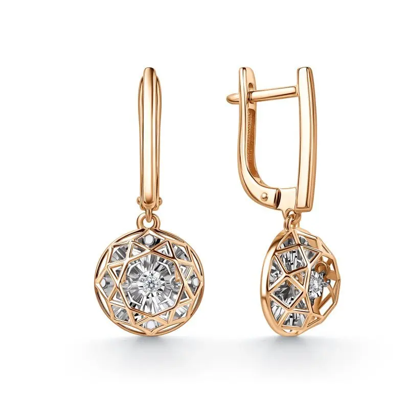 Серьги подвесные из комбинированного золота