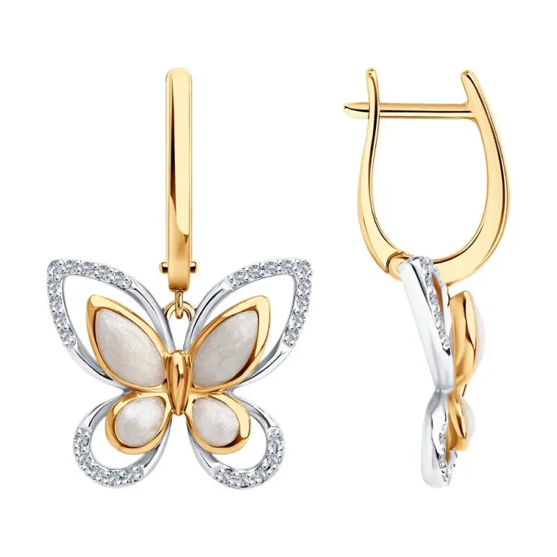 Серьги подвесные из комбинированного золота