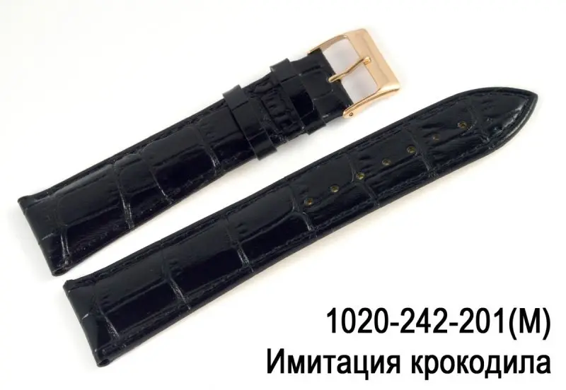 Ремень для часов крокодил черный 24 мм, пряжка розовое золото M