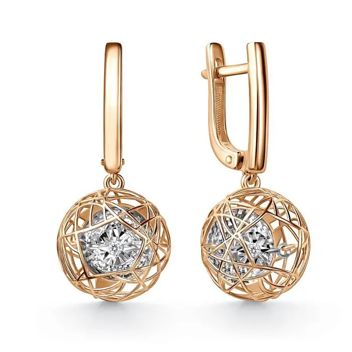 Серьги подвесные из комбинированного золота