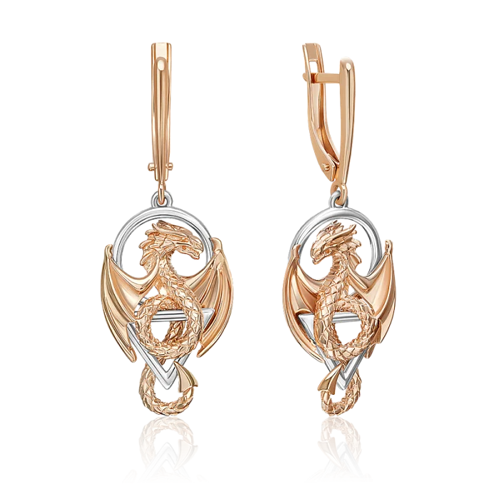 Серьги подвесные из комбинированного золота