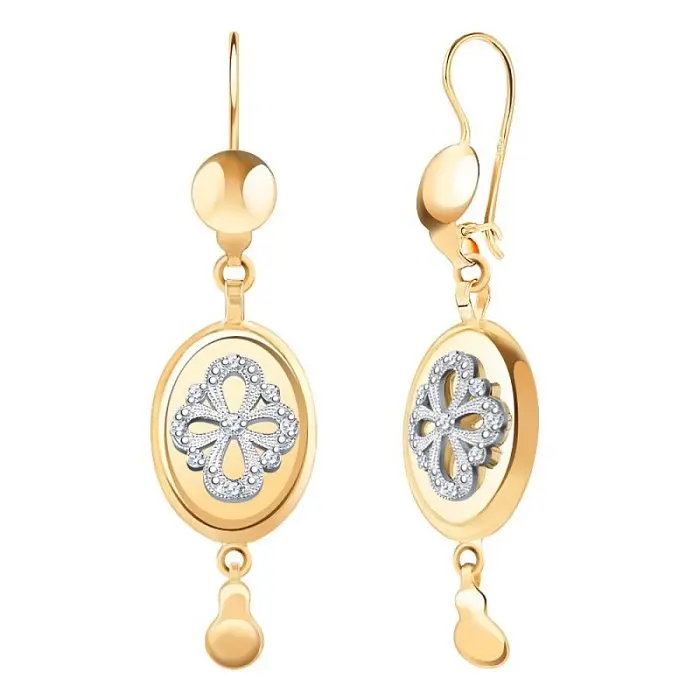 Серьги подвесные из комбинированного золота