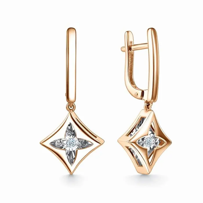 Серьги подвесные из комбинированного золота