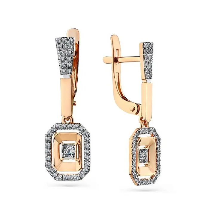 Серьги подвесные из комбинированного золота