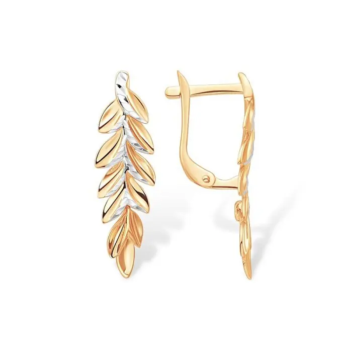 Серьги подвесные из комбинированного золота