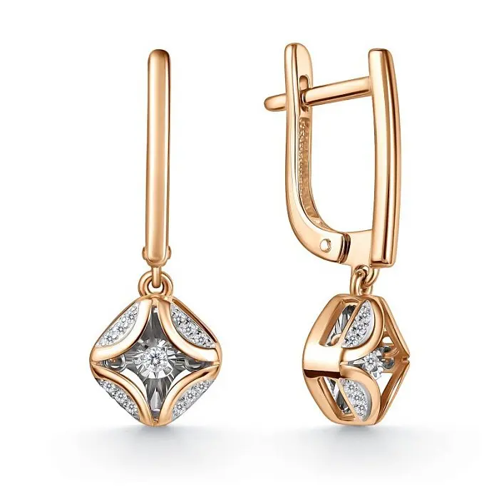 Серьги подвесные из комбинированного золота