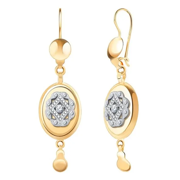 Серьги подвесные из комбинированного золота