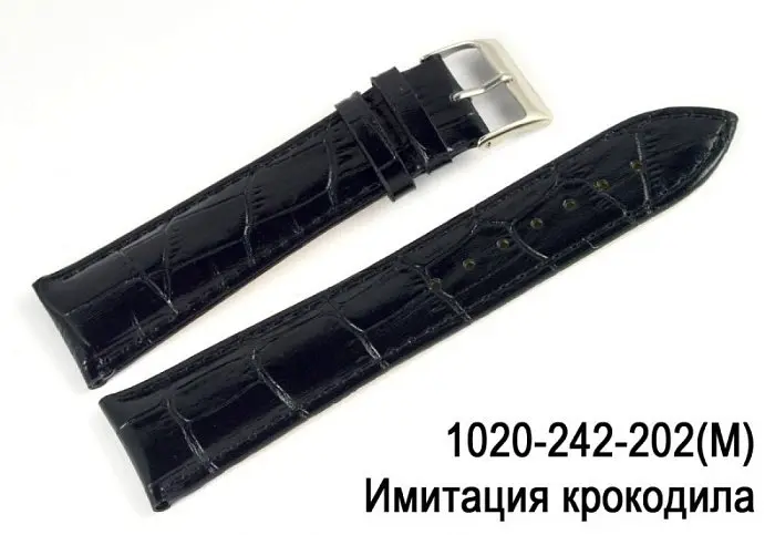 Ремень для часов крокодил черный 24 мм, пряжка серебро M