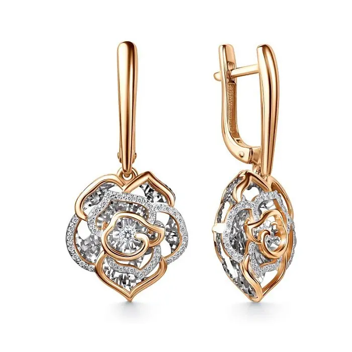 Серьги подвесные из комбинированного золота