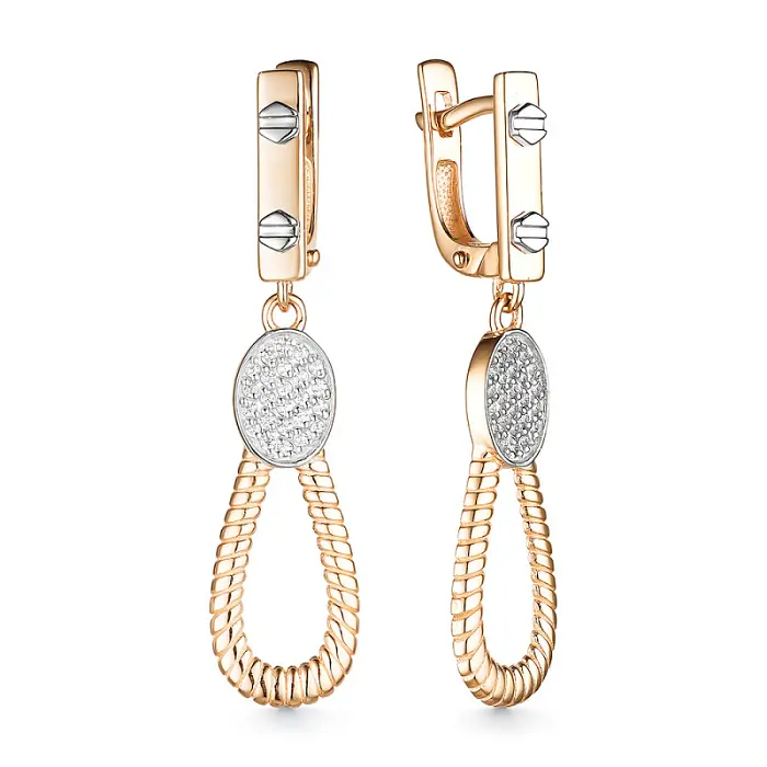Серьги подвесные из комбинированного золота