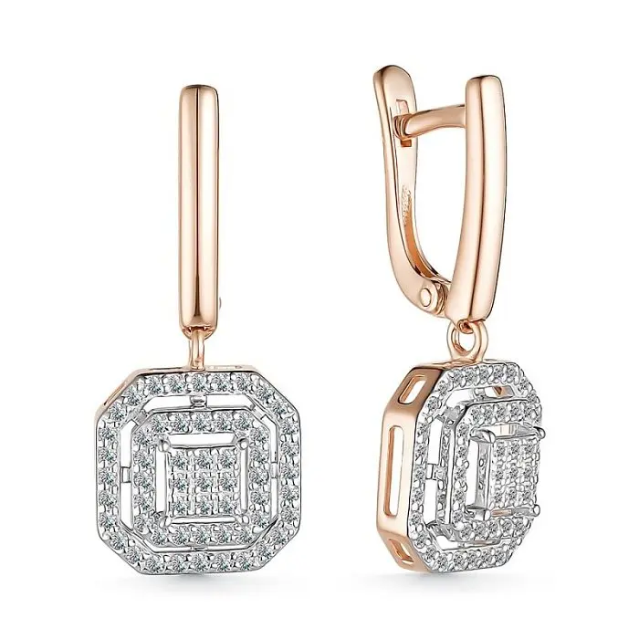 Серьги подвесные из комбинированного золота