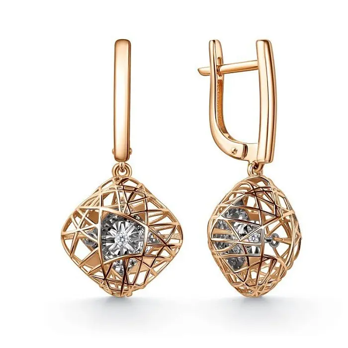 Серьги подвесные из комбинированного золота