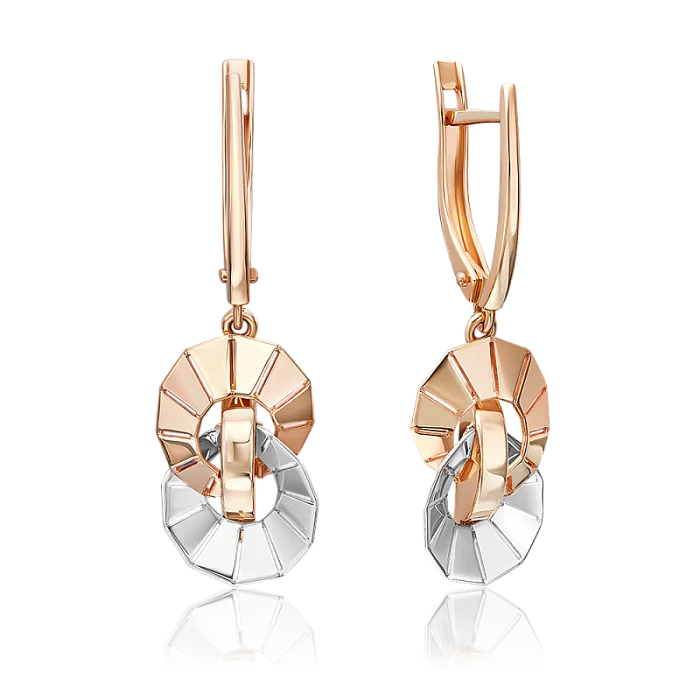 Серьги подвесные из комбинированного золота