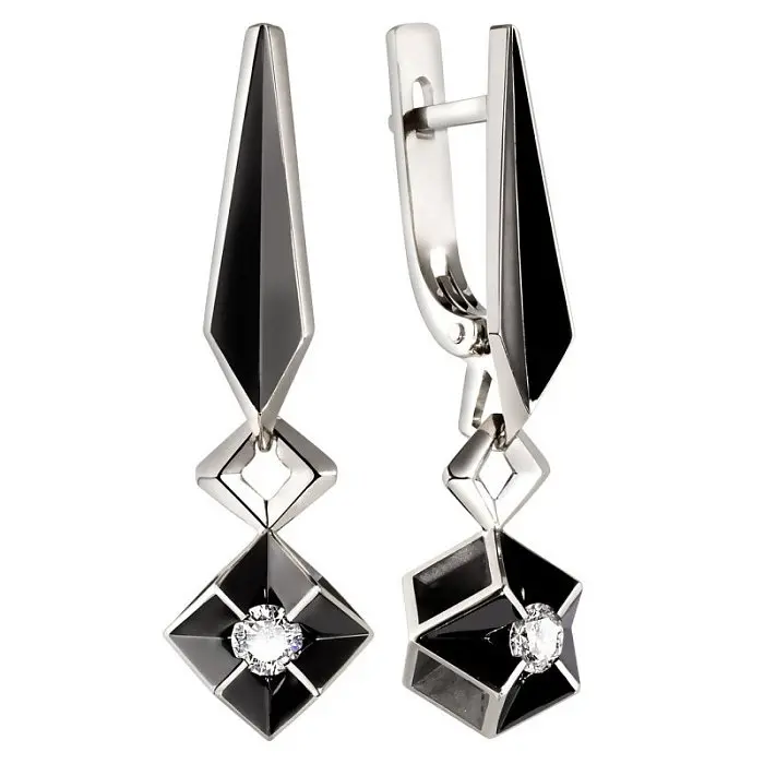 Серьги подвесные из белого золота с бриллиантами вид 1