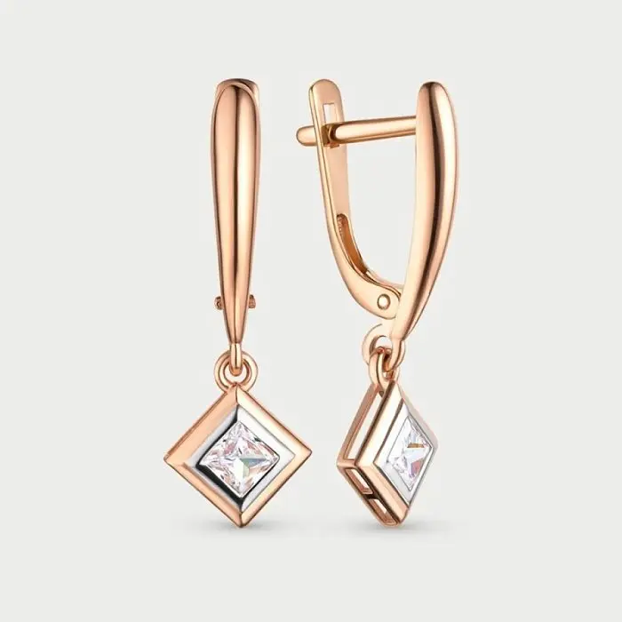 Серьги подвесные из комбинированного золота