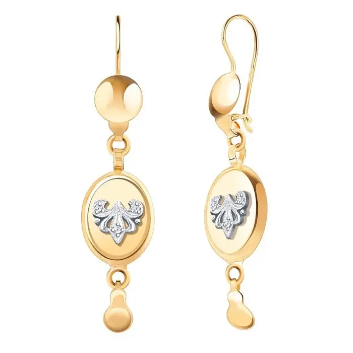 Серьги подвесные из комбинированного золота