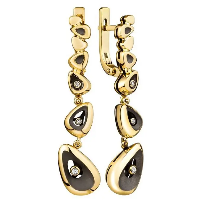 Серьги подвесные из желтого золота с бриллиантами вид 1