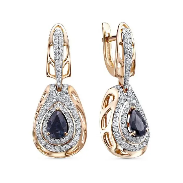 Серьги подвесные из комбинированного золота Серьги подвесные из комбинированного золота