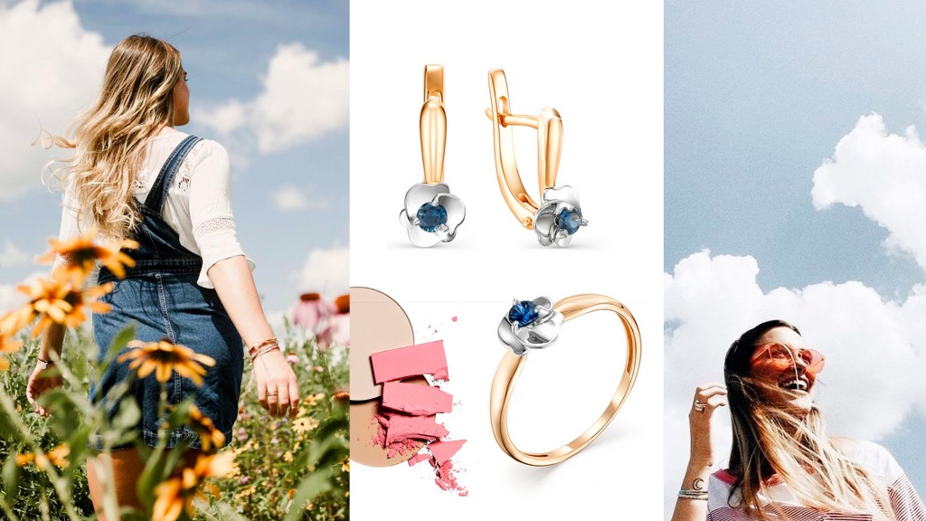 Серьги и кольцо из комбинированного золота с сапфирами для Девы