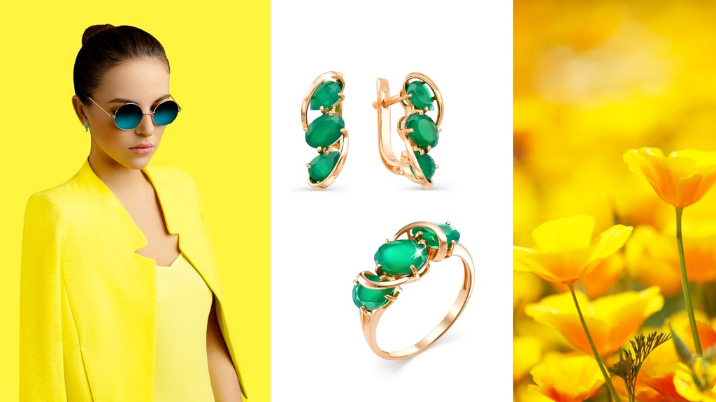 Серьги и кольцо из красного золота с агатами для Девы