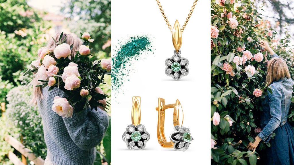 Подвеска и серьги из комбинированного золота с изумрудами для Девы