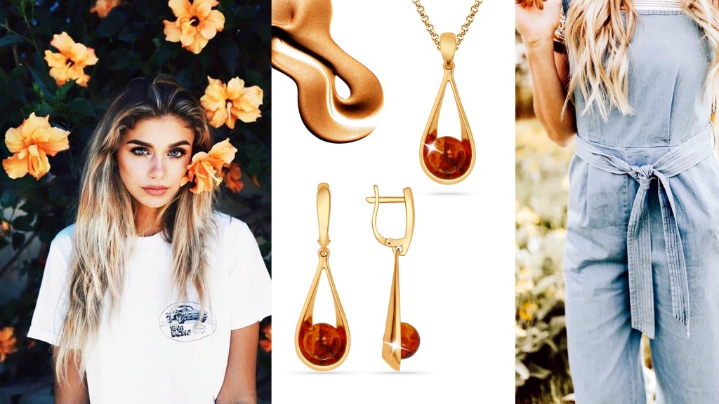 Подвеска и серьги из красного золота с янтарем для Льва