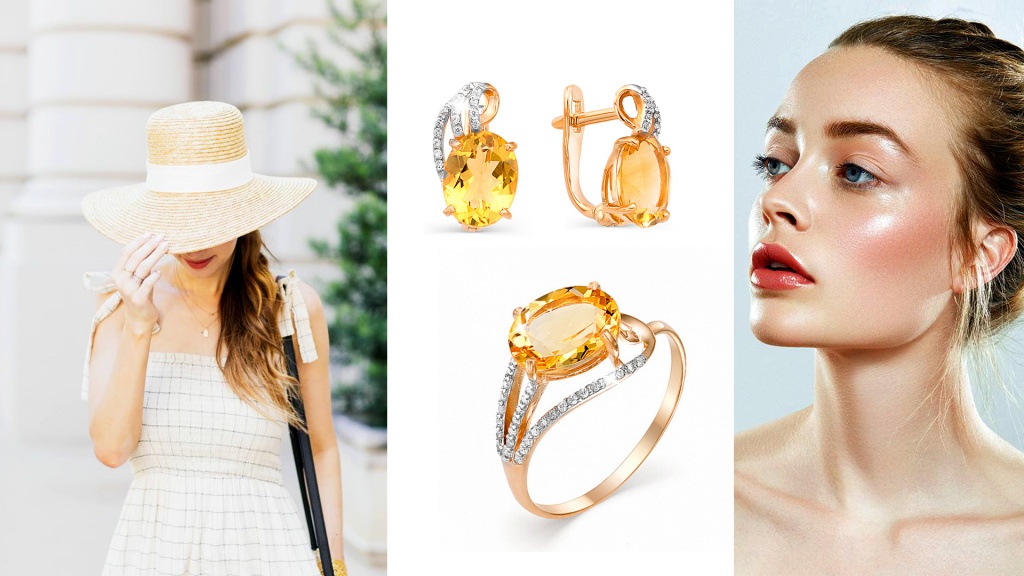 Серьги и кольцо из красного золота с цитринами и фианитами для Девы