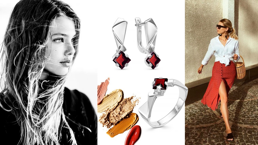 Серьги и кольцо из серебра с гранатами для Льва