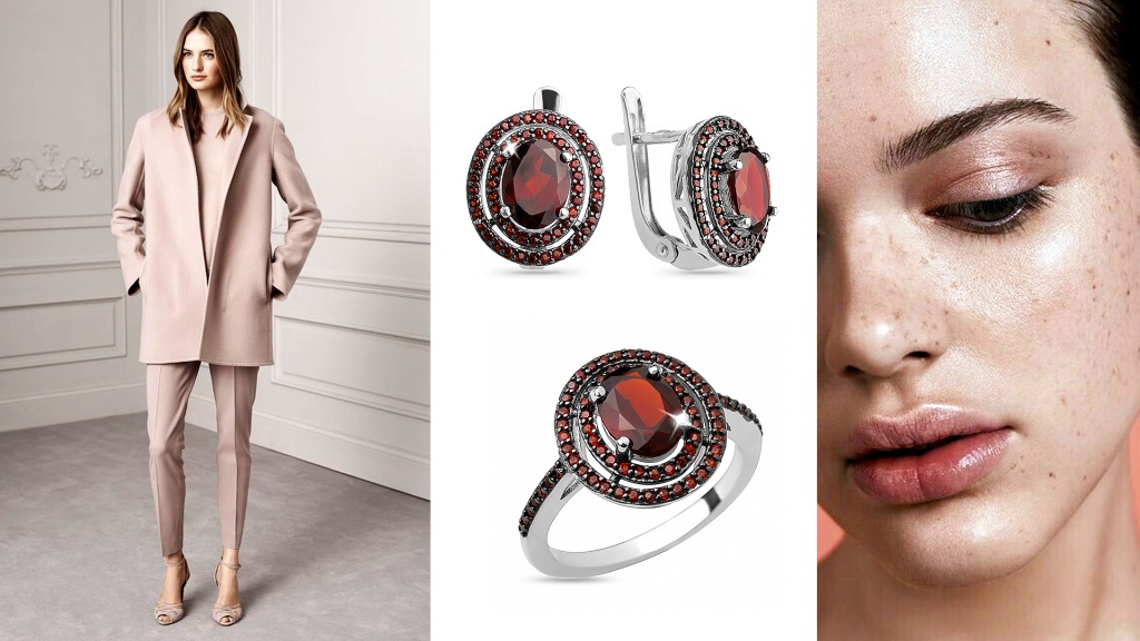 Серьги и кольцо из серебра с гранатом для Девы