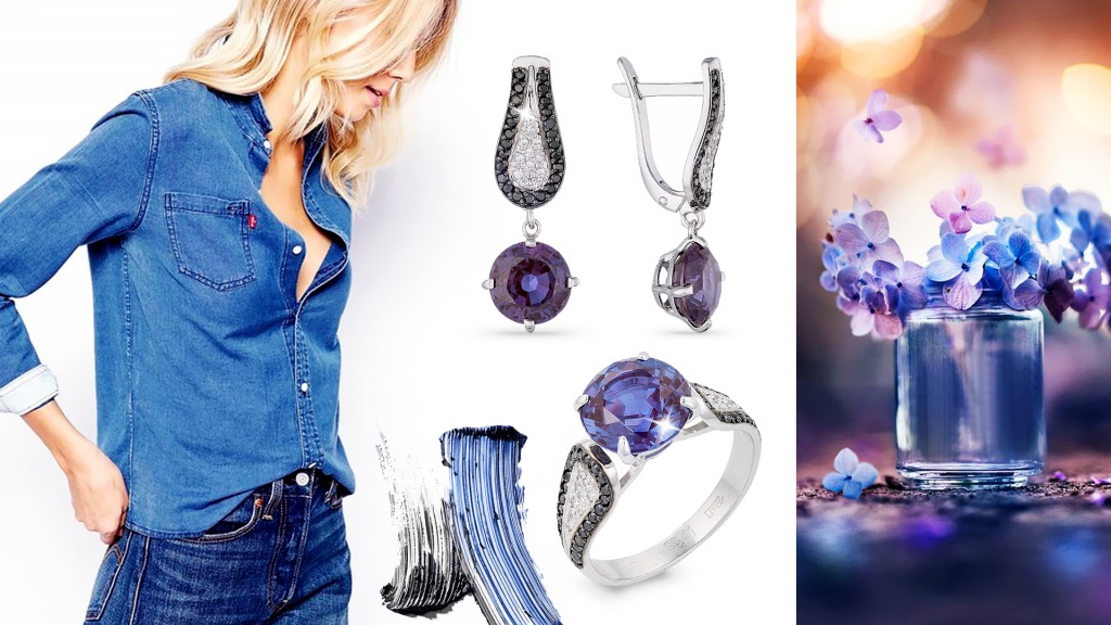 Серьги и кольцо из белого золота с александритами и фианитами для Льва