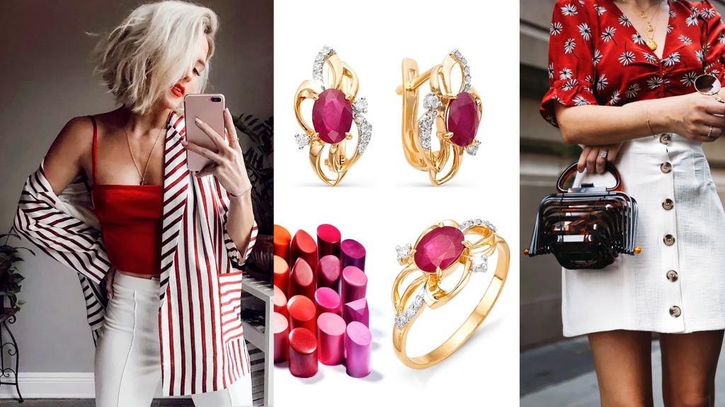 Серьги и кольцо из красного золота с рубинами и бриллиантами для Льва